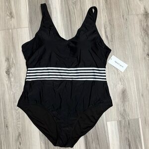 Black One-Piece Swimsuit with Striped Waist